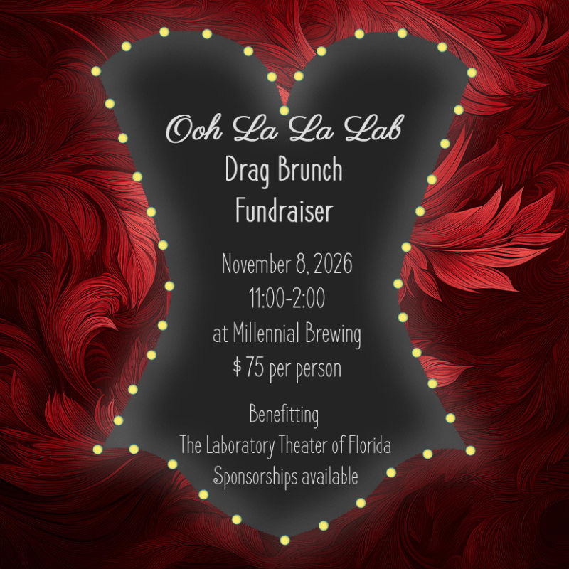 A corset-shaped graphic with event details for a drag brunch fundraiser is set against a dark red, feathery background.
