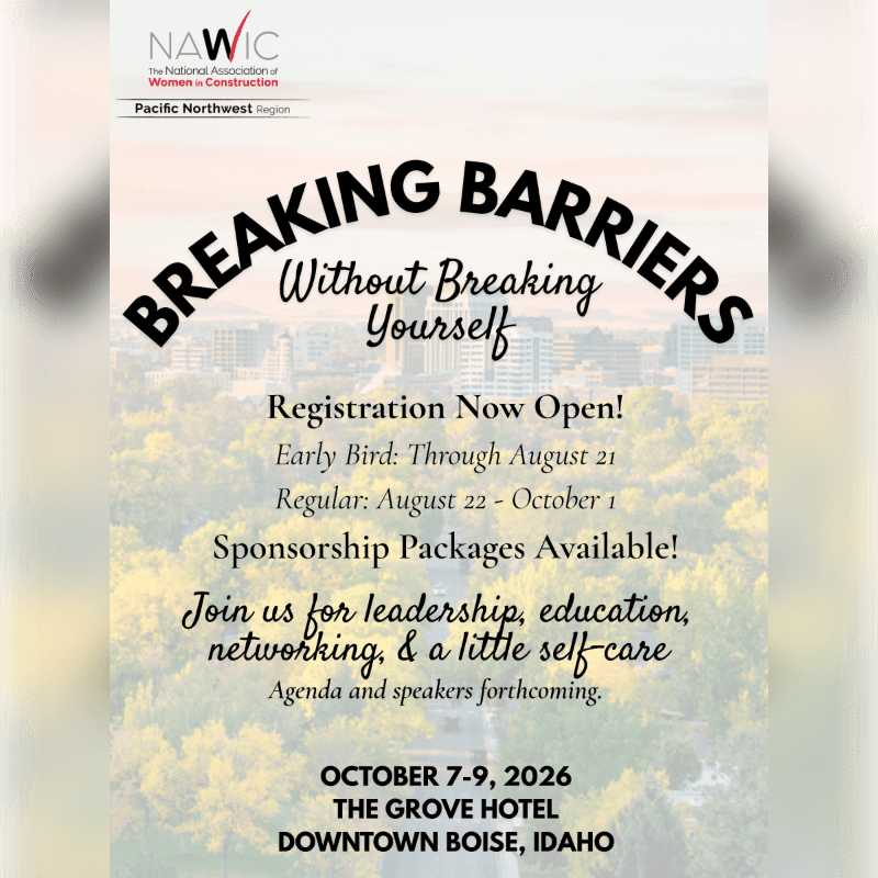 A poster for a NAWIC Pacific Northwest Region event titled "Breaking Barriers Without Breaking Yourself" is overlaid on a blurred cityscape background.