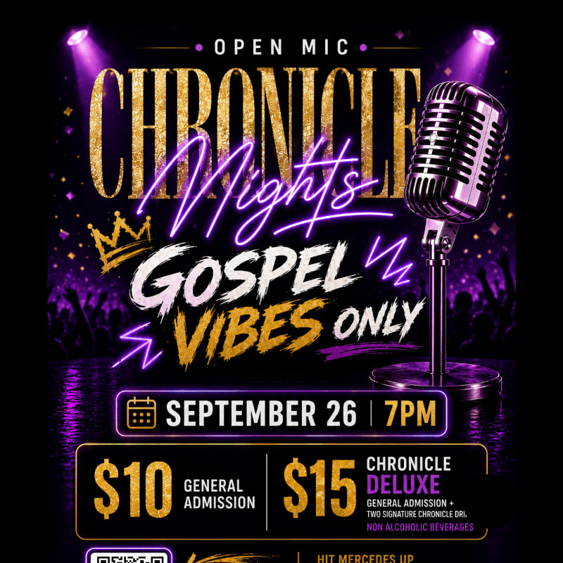 A vintage microphone stands in the foreground against a backdrop of a vibrant "Open Mic Chronicle Nights Gospel Vibes Only" poster with purple spotlights and a crowd silhouette.