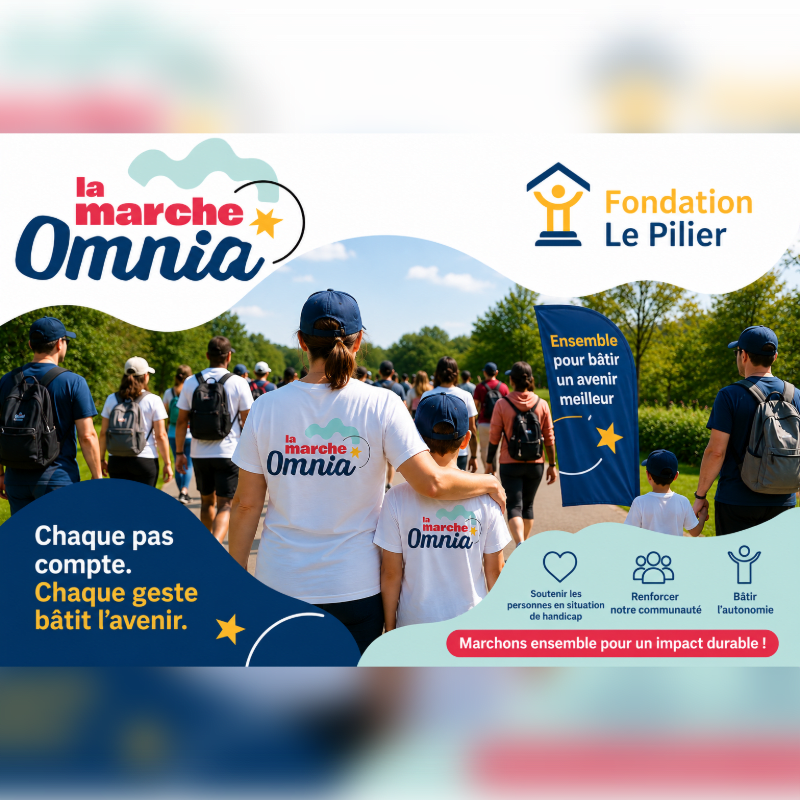 A group of people walk in a park during a charity event, with a banner for "Fondation Le Pilier" and "Omnia" in the foreground.
