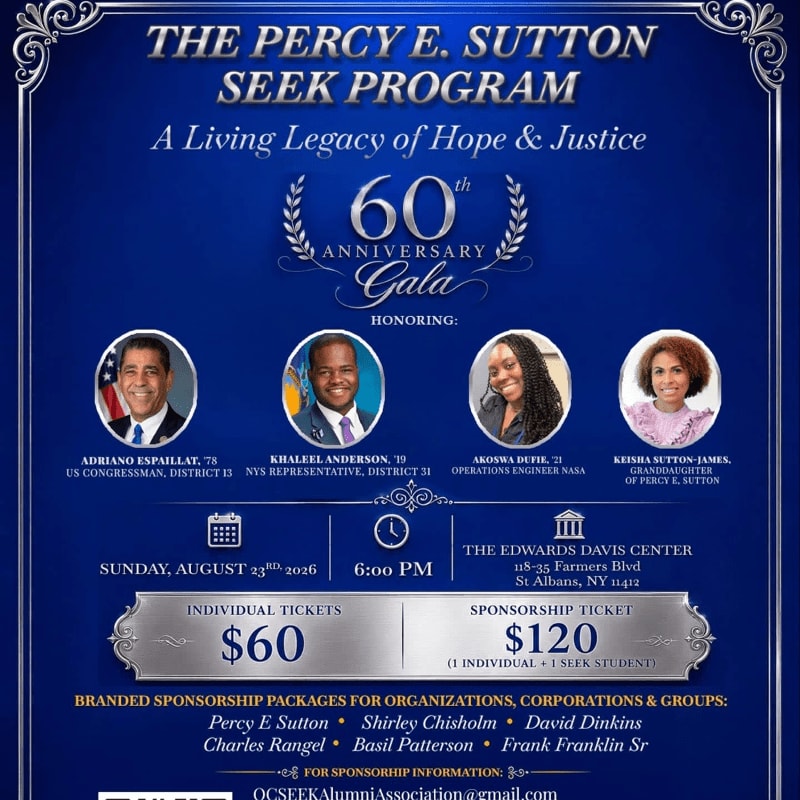 In the foreground, ticket prices and sponsorship information are displayed, while the background features honorees and event details for the 60th Anniversary Gala of The Percy E. Sutton SEEK Program.