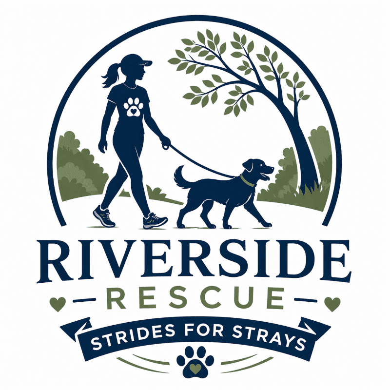 A silhouetted woman walks a dog on a leash in the foreground, with trees and foliage forming the background within a circular emblem above the text "RIVERSIDE RESCUE STRIDES FOR STRAYS".