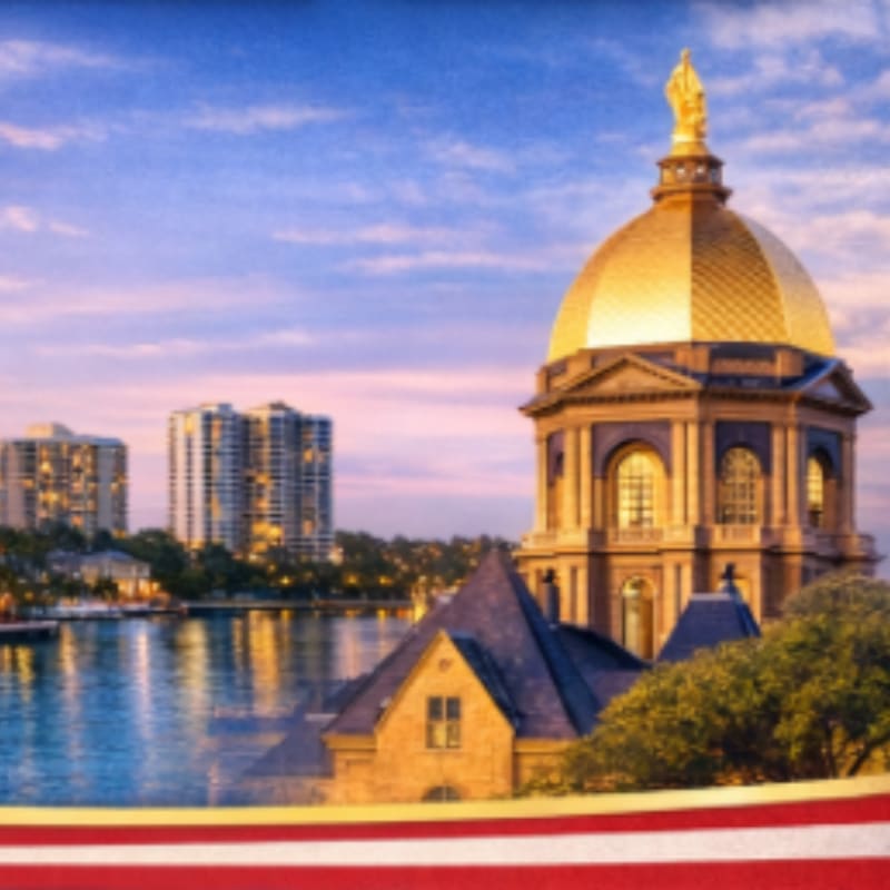 A golden dome building stands prominently in the foreground, with a calm body of water and distant skyscrapers visible in the background under a twilight sky.