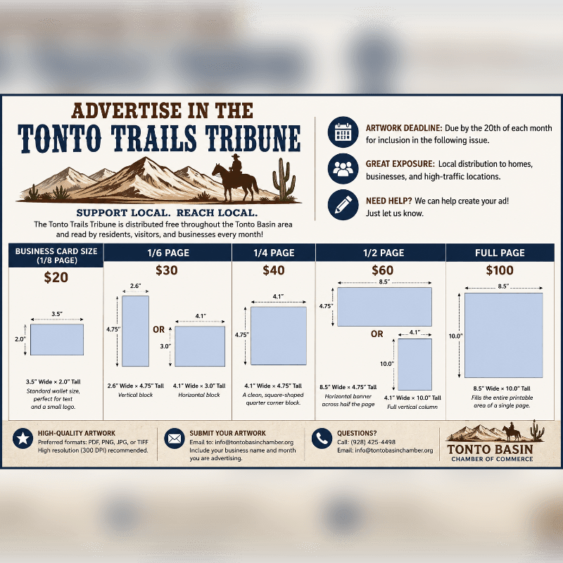 A flyer advertises ad space in the Tonto Trails Tribune, featuring a desert landscape with mountains in the background and a cowboy on horseback in the foreground.