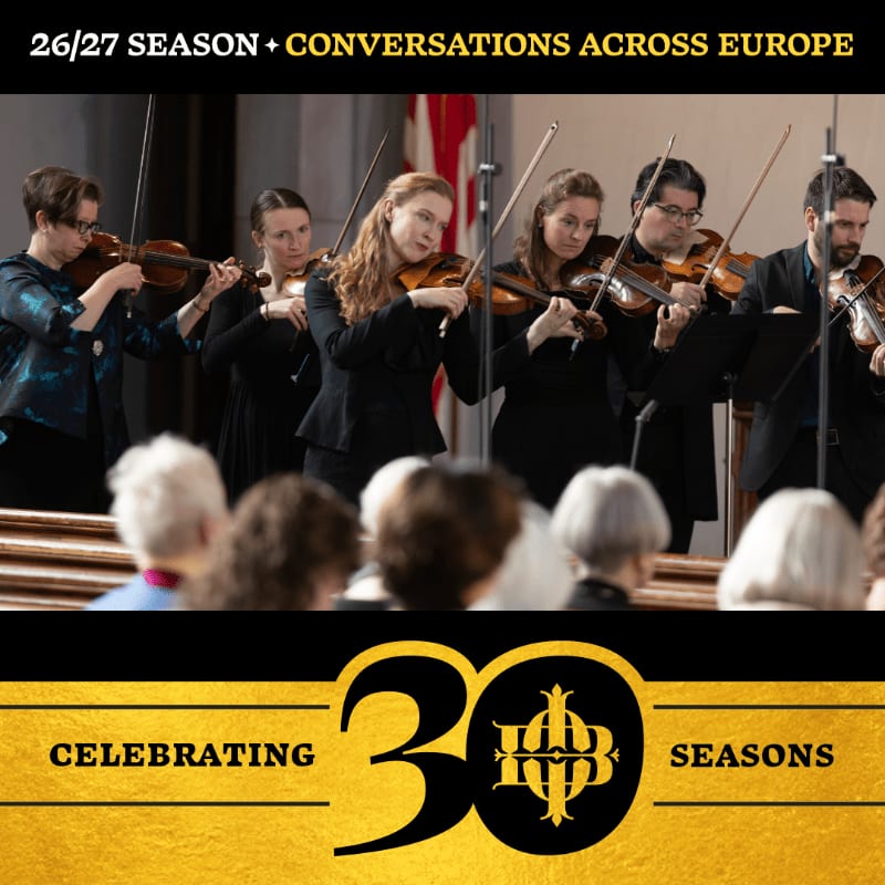 A string ensemble performs on a stage in front of an audience, with text overlaying the bottom portion celebrating "30 SEASONS".