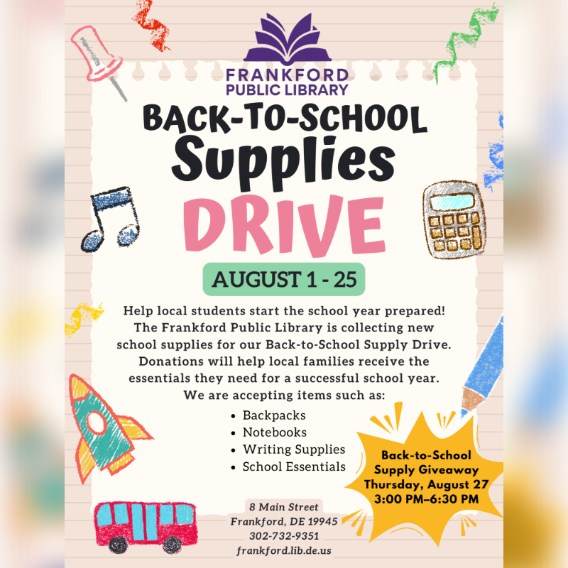 A colorful flyer for a back-to-school supply drive at Frankford Public Library features cartoon school supplies in the foreground and text detailing the event in the background.
