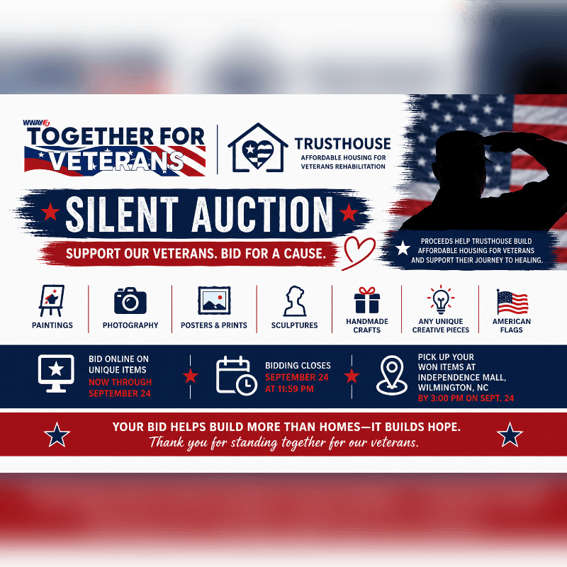A silent auction poster for "Together for Veterans" features a silhouette of a soldier saluting the American flag in the background, with details about the auction and categories of items in the foreground.