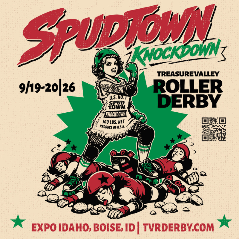 A victorious roller derby skater stands over fallen opponents in the foreground, with event details and a green starburst in the background.