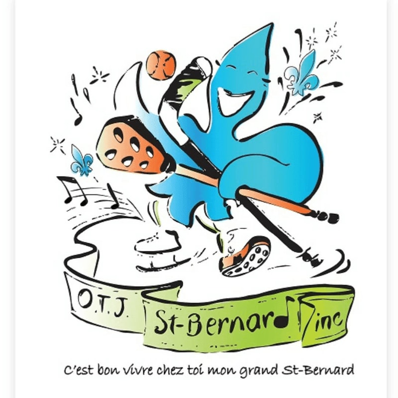 A cartoon character in the foreground plays a lacrosse stick with a ball and net, while musical notes and fleur-de-lis symbols adorn the background.