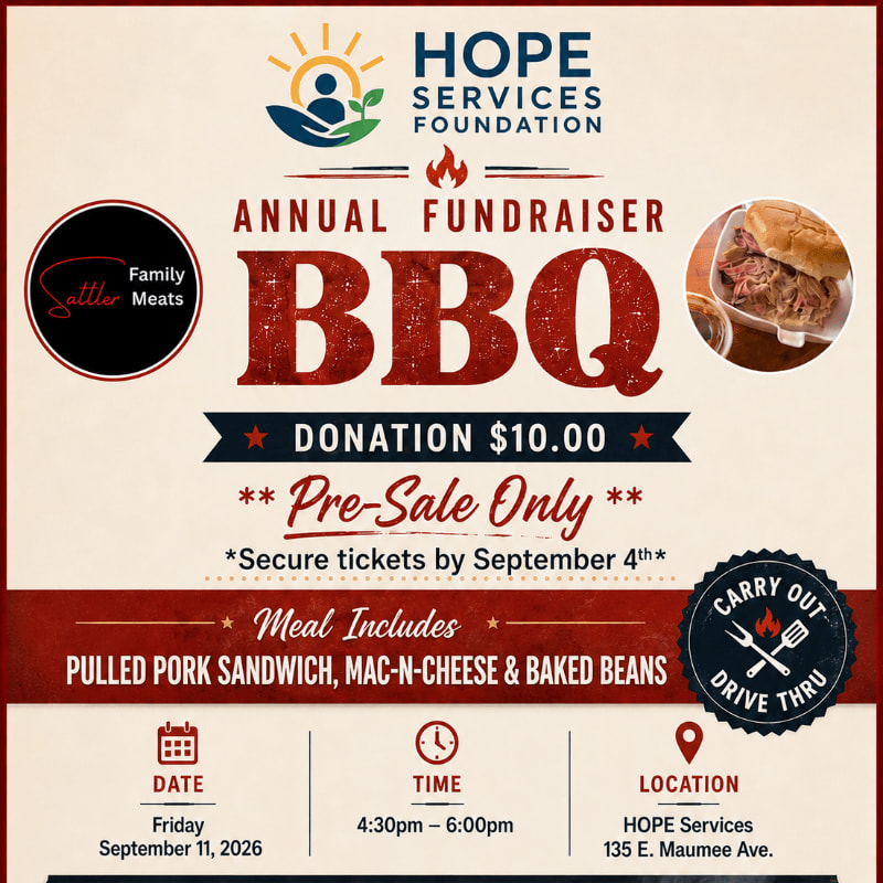 A flyer announces a Hope Services Foundation Annual Fundraiser BBQ with details about the meal, price, and location, featuring a pulled pork sandwich and baked beans.