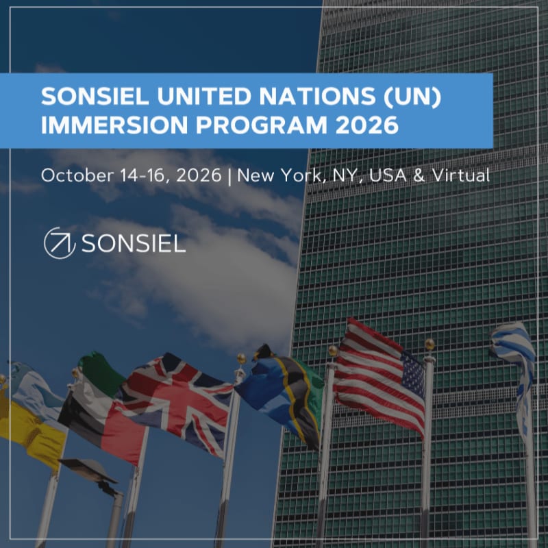 A blue banner at the top announces the "SONSIEL UNITED NATIONS (UN) IMMERSION PROGRAM 2026" with event details below, while the foreground features several national flags waving in front of the glass facade of a tall skyscraper in the background.