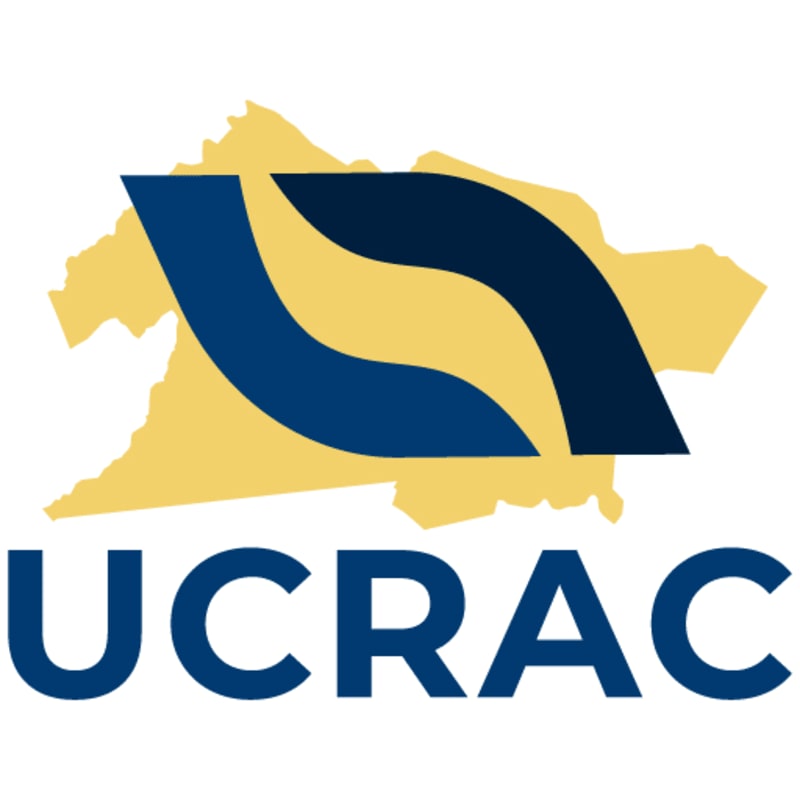 A yellow outline of Virginia is in the background, overlaid by a blue abstract design and the text "UCRAC" in the foreground.