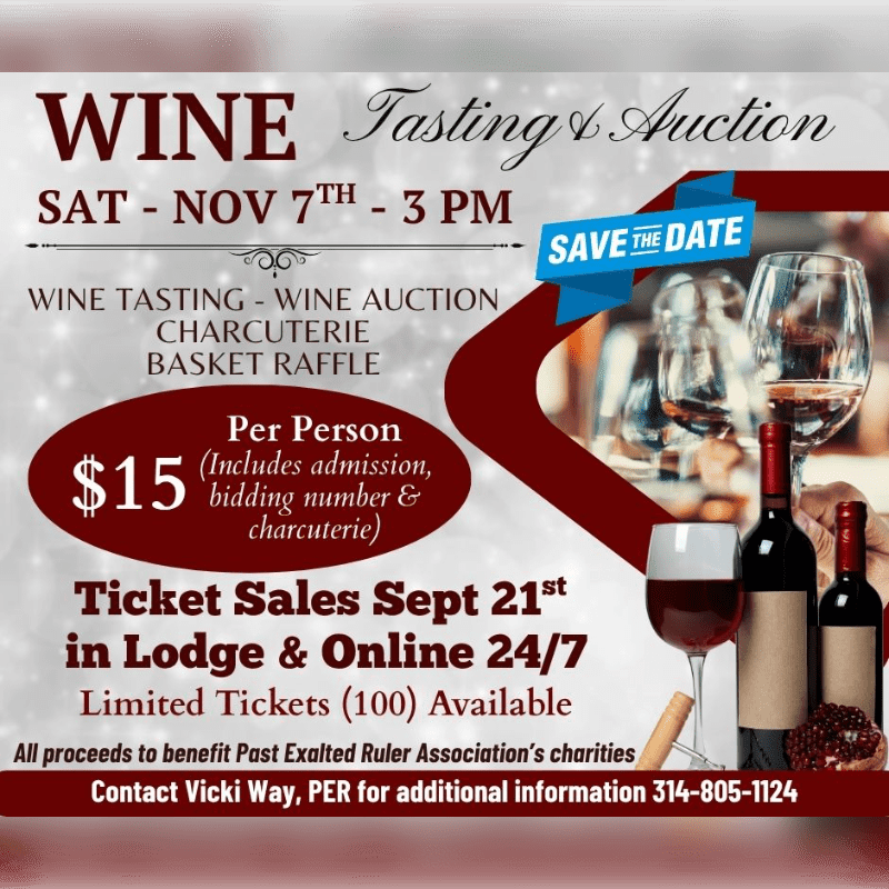 A wine tasting and auction event is advertised with details about the date, time, cost, and ticket sales, set against a background of wine bottles and glasses.