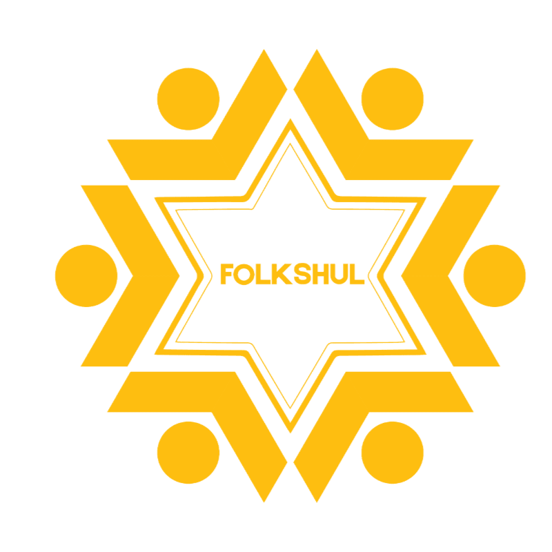 A yellow star of David with the word "FOLKSHUL" in the center is surrounded by six yellow figures with circular heads, all on a white background.