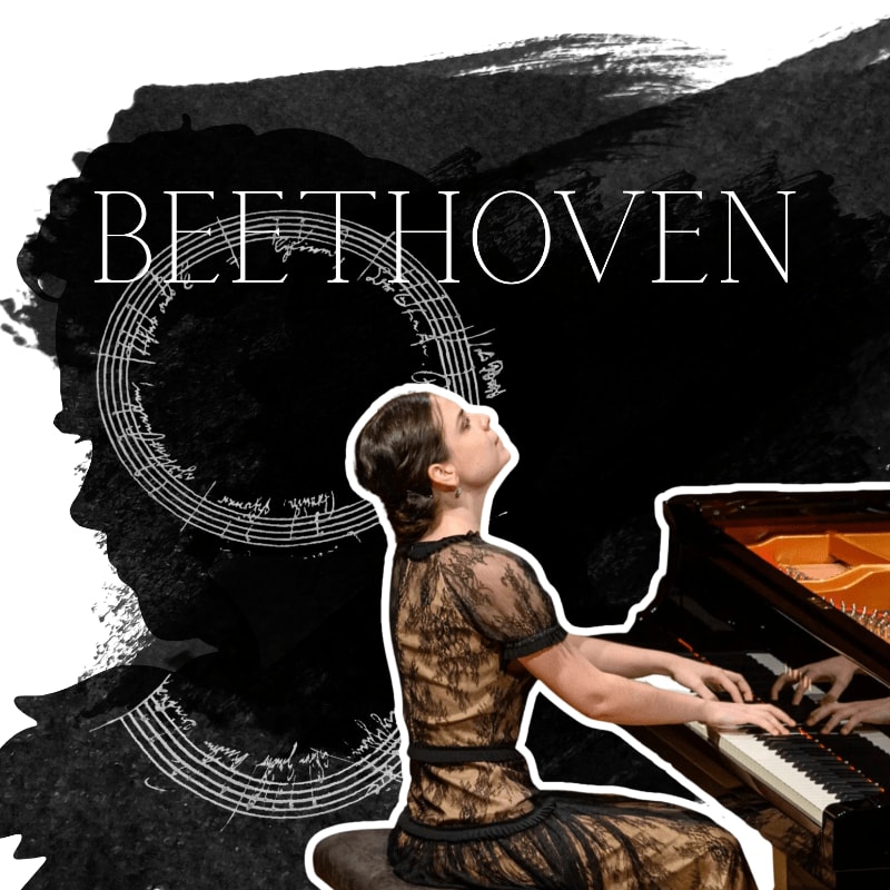 A woman in a black lace dress plays a grand piano in the foreground, set against a black and white abstract background featuring the name "BEETHOVEN" and a silhouette of a head.