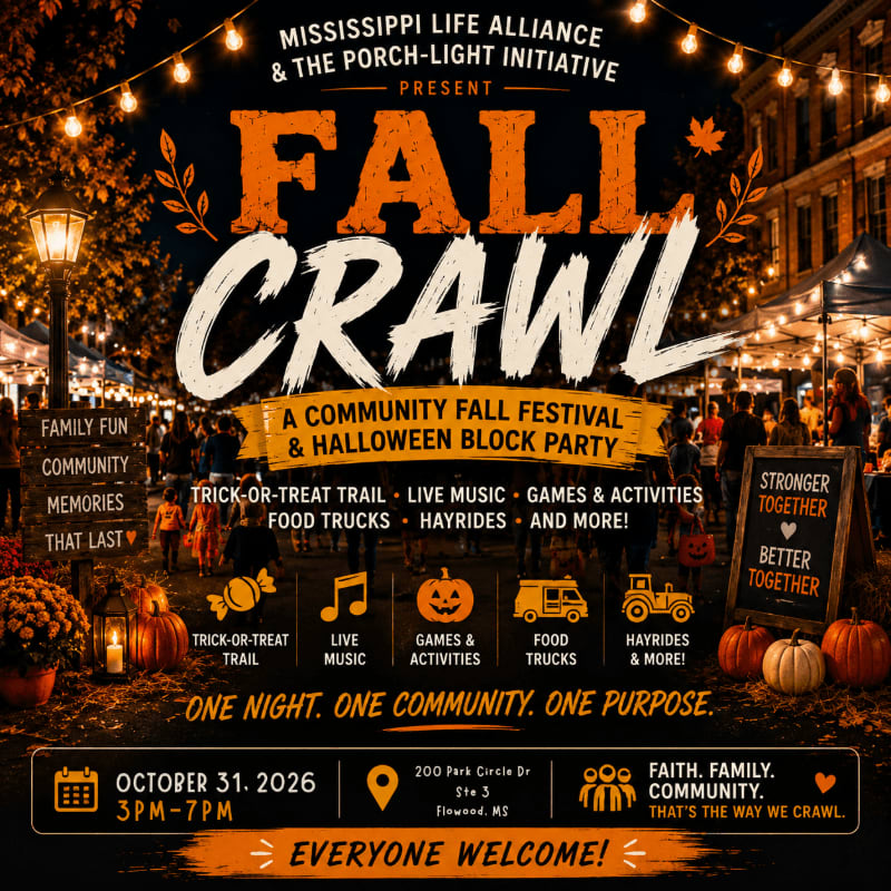 Pumpkins and string lights illuminate a festive fall block party poster with event details in the foreground and a blurred crowd in the background.