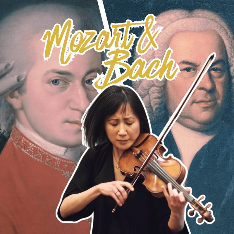 A woman plays the violin in the foreground, with portraits of Mozart and Bach in the background.