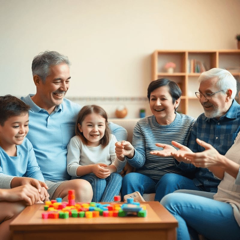 A multi-generational family laughs while playing a colorful board game in a cozy living room with bookshelves in the background.