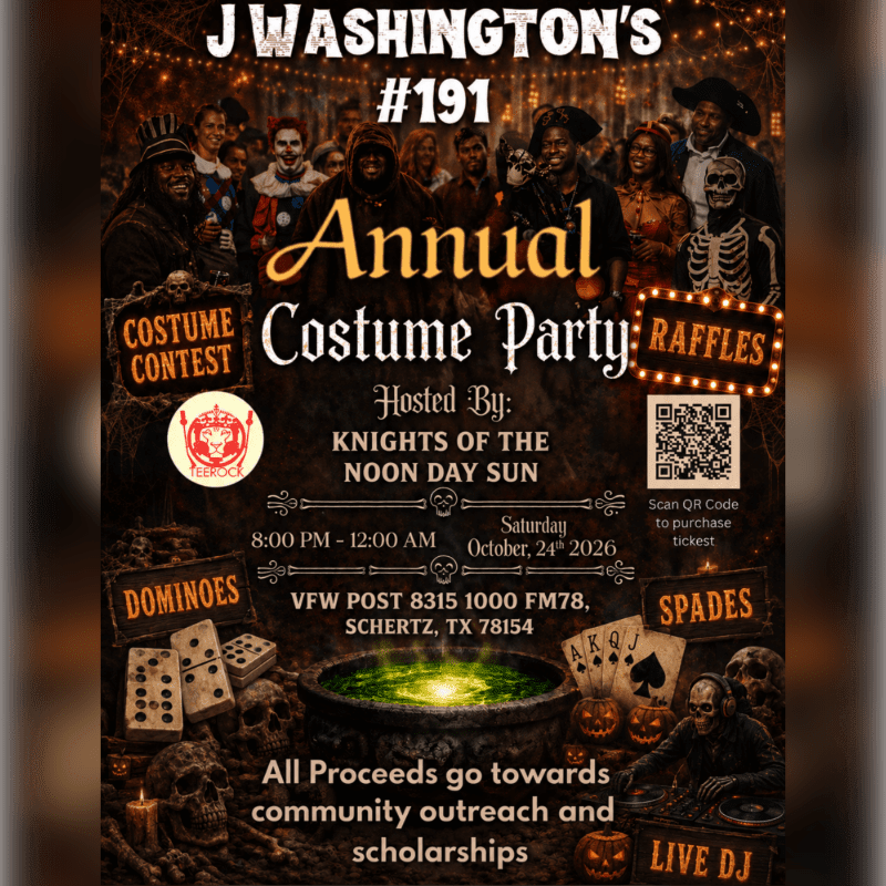 A Halloween costume party flyer features a group of people in costumes in the background and spooky elements like skulls, dominoes, and playing cards in the foreground.