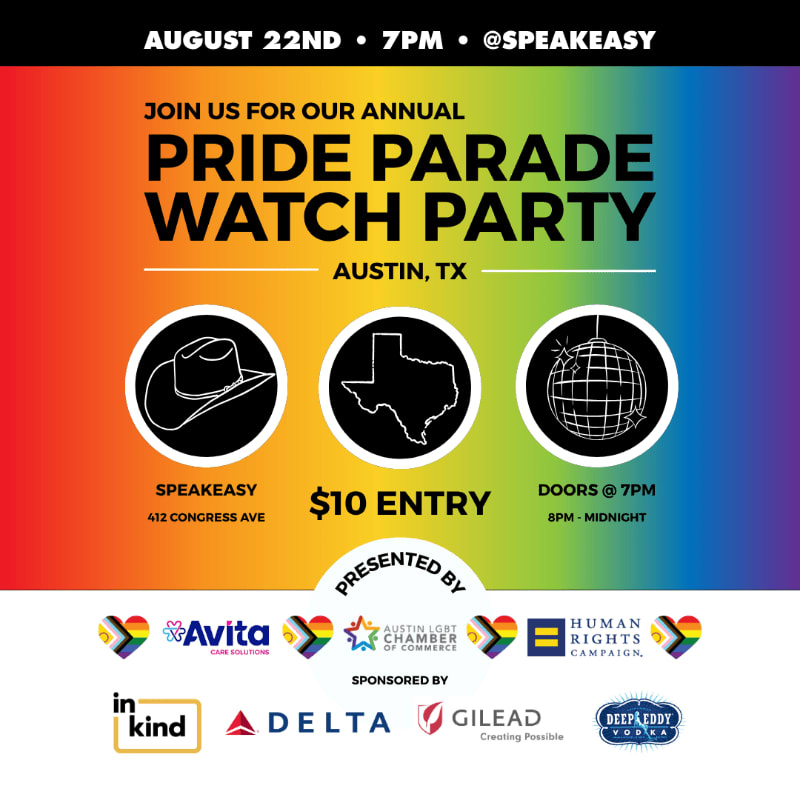 A vibrant rainbow-colored poster announces an annual Pride Parade Watch Party in Austin, TX, featuring event details and sponsor logos.