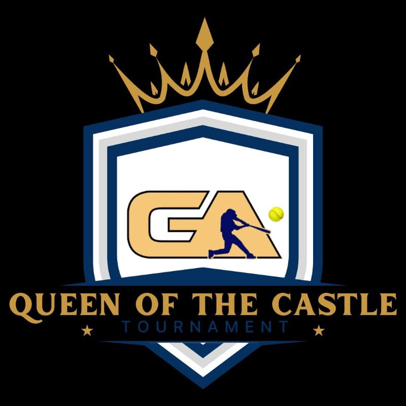 A golden crown sits atop a shield with a softball player in silhouette, set against a black background with the words "QUEEN OF THE CASTLE TOURNAMENT" below.