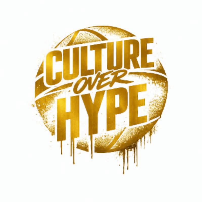Golden text reading "CULTURE OVER HYPE" is emblazoned across a stylized basketball with dripping paint in the foreground, set against a white background.