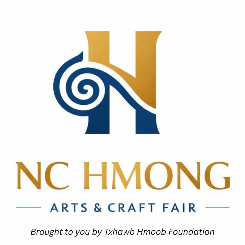 A stylized golden "H" with a blue swirl in front of it is centered above the text "NC HMONG ARTS & CRAFT FAIR" and "Brought to you by Txhawb Hmoob Foundation" on a white background.
