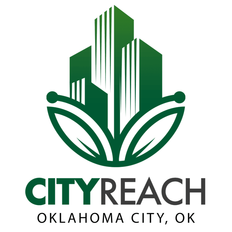 Green stylized buildings rise from a leaf-like design, with "CITYREACH OKLAHOMA CITY, OK" text below.
