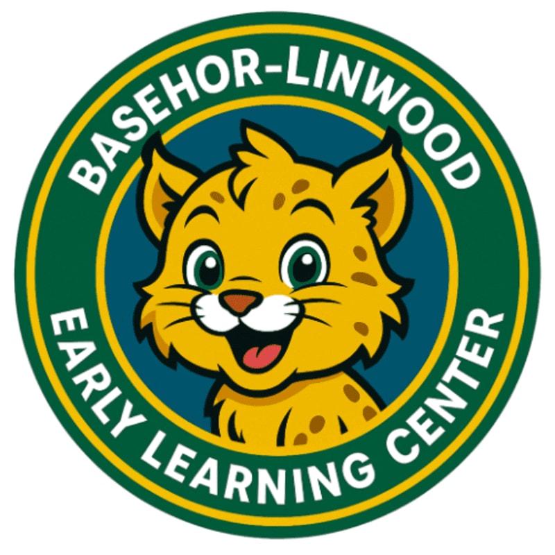 A cheerful cartoon bobcat with green eyes and a wide smile is featured in the foreground, set against a dark blue circular background with the words "BASEHOR-LINWOOD EARLY LEARNING CENTER" in a yellow and green ring.