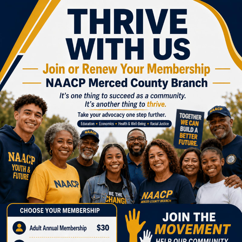 A diverse group of people smile at the camera in the foreground, with the words "THRIVE WITH US" and membership information in the background.
