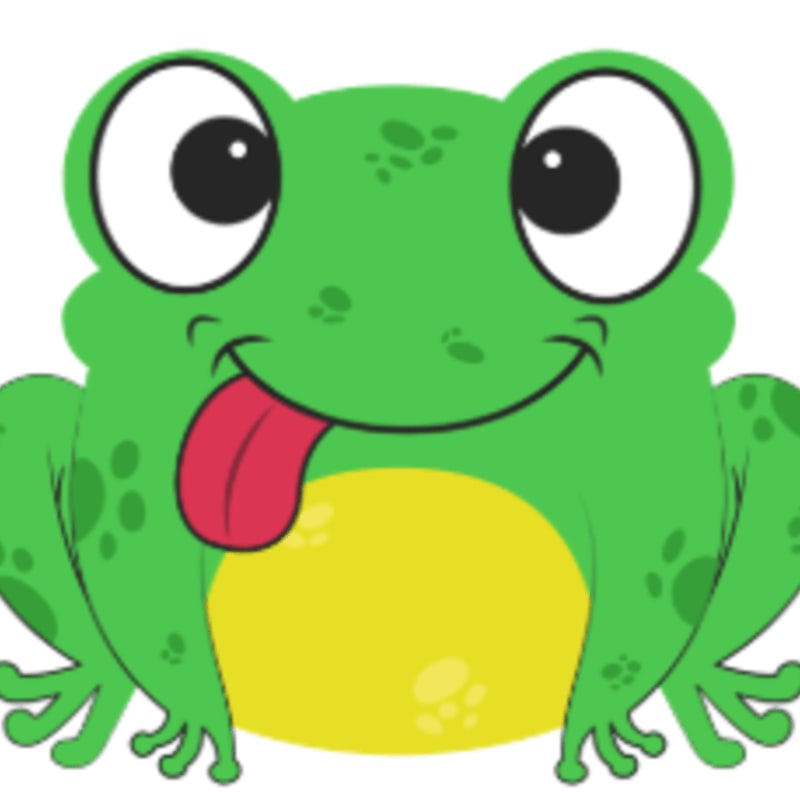 A cartoon frog with its tongue sticking out is centered against a plain white background.