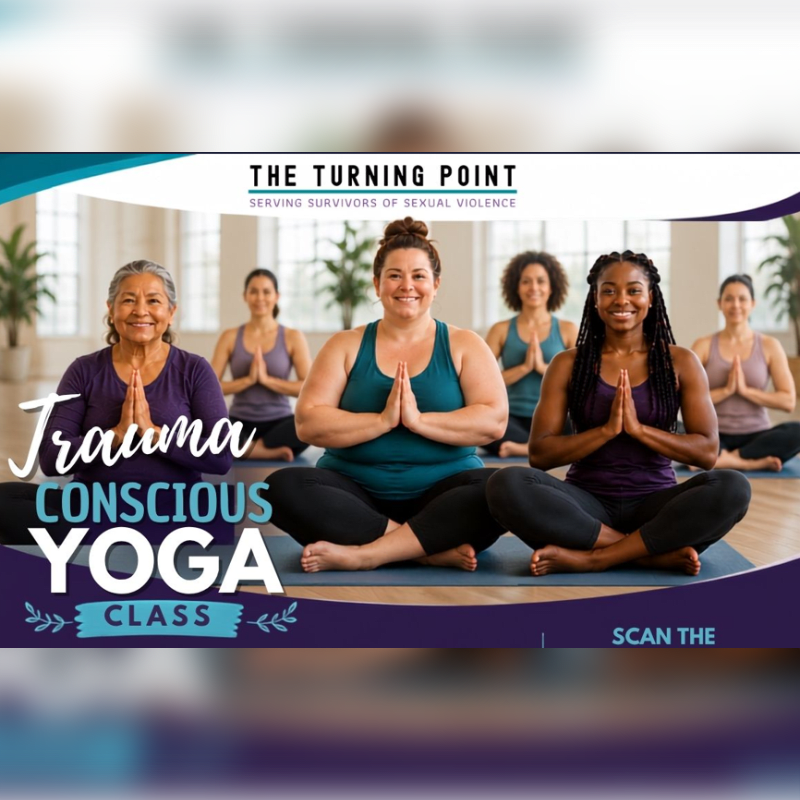 A group of diverse women practice yoga in a bright studio, with the text "Trauma Conscious Yoga Class" prominently displayed in the foreground.