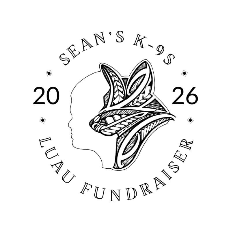 A stylized black and white logo features a profile of a human head on the left, with a detailed, tribal-patterned dog's head superimposed on the right, all enclosed within a circle of text that reads "SEAN'S K-9S LUAU FUNDRAISER 2026".
