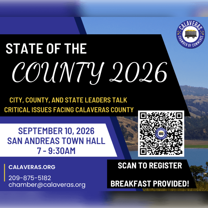 A flyer for the "State of the County 2026" event is overlaid on a scenic background of hills and a lake.