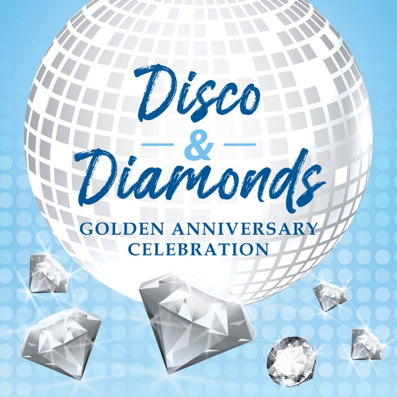 Sparkling diamonds float in the foreground before a large, reflective disco ball against a light blue, dotted background.