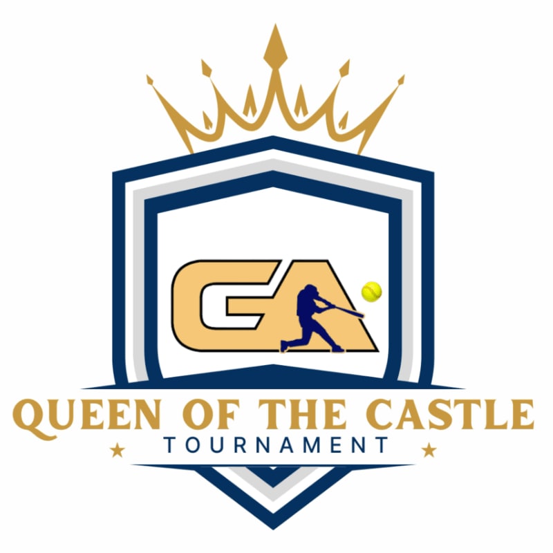 A golden crown sits atop a shield with a softball player silhouette and "GA" logo in the foreground, while the words "QUEEN OF THE CASTLE TOURNAMENT" are displayed below.