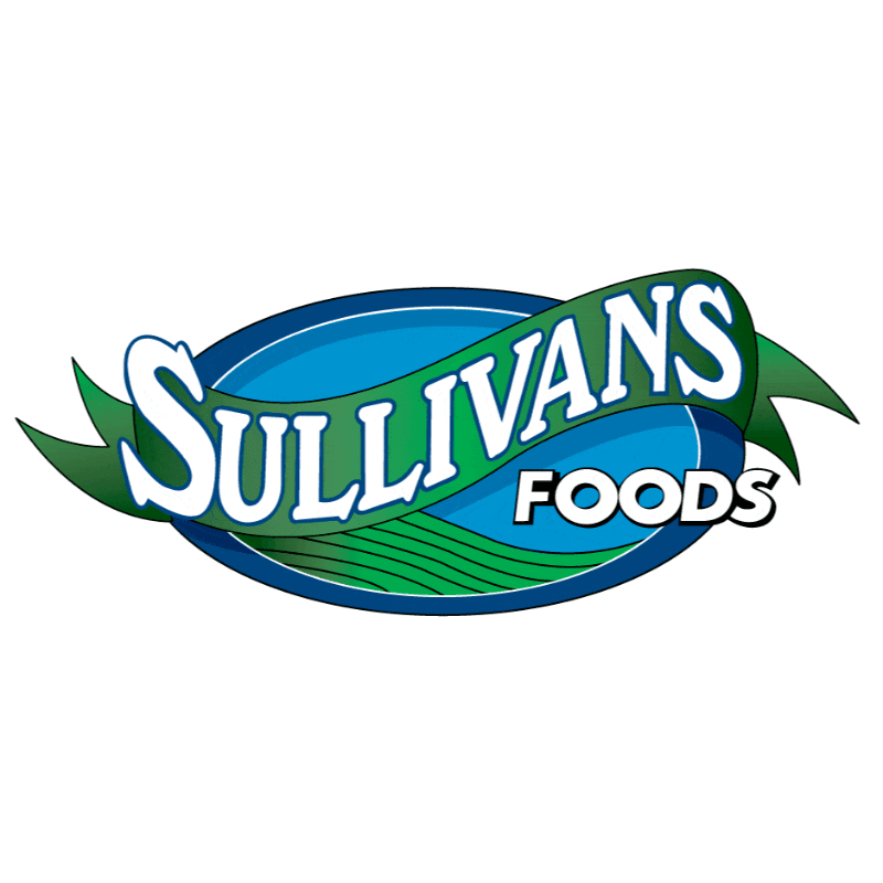 A white background frames a blue oval with a green ribbon banner across it, displaying the words "SULLIVANS FOODS" in white and blue lettering.