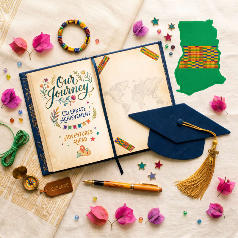 An open journal with "Our Journey" written on it, a graduation cap, a compass, and colorful flowers are arranged on a patterned cloth, with a map of Ghana in the background.