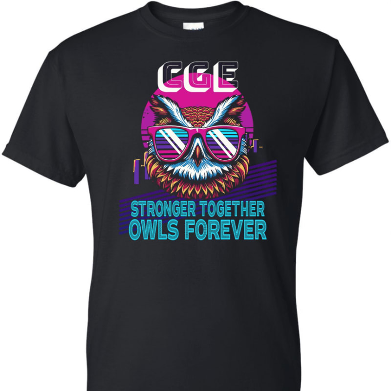 A black t-shirt features a retro-style graphic of an owl wearing sunglasses, with the text "CGE STRONGER TOGETHER OWLS FOREVER" in a vibrant, stylized font against a sunset-like background.