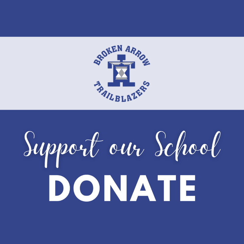 A blue background with white text "Support our School DONATE" in the foreground and a school logo in the background.