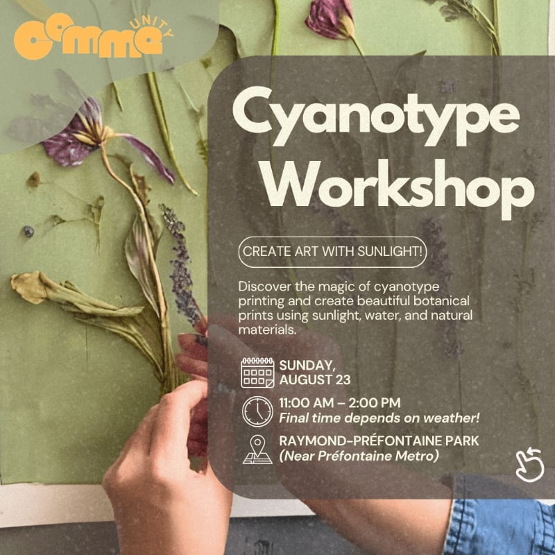 Hands arrange dried flowers on a surface for a cyanotype workshop advertised with event details in the background.