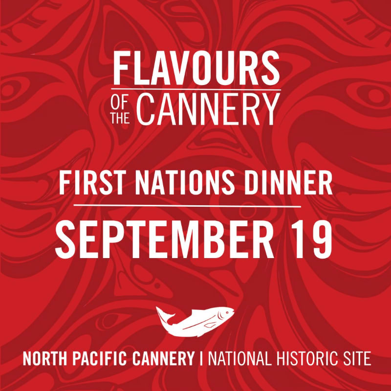 White text announcing "Flavours of the Cannery First Nations Dinner September 19" is overlaid on a red background with a stylized fish graphic in the foreground and a swirling pattern in the background.