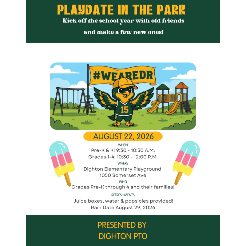 A cartoon mascot stands on a playground with swings and slides in the background, promoting a "Playdate in the Park" event.