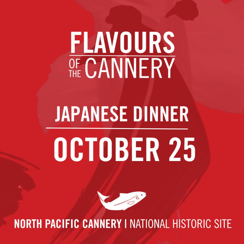 A white silhouette of a fish and text announcing "Flavours of the Cannery Japanese Dinner October 25" are in the foreground against a blurred red background with abstract brushstrokes.