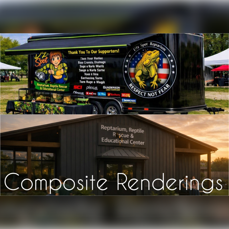 A black trailer with colorful graphics and a building with "Reptarium, Reptile Rescue & Educational Center" signage are shown.