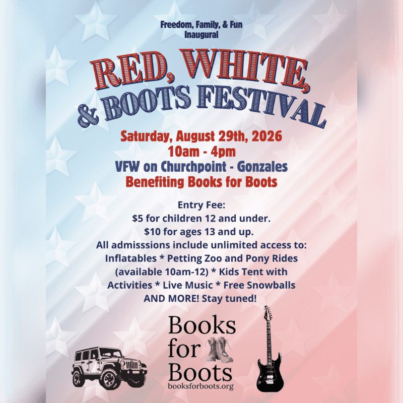 A patriotic poster for the Red, White & Boots Festival in the foreground features a Jeep, boots, and a guitar, set against a background of red, white, and blue stars.
