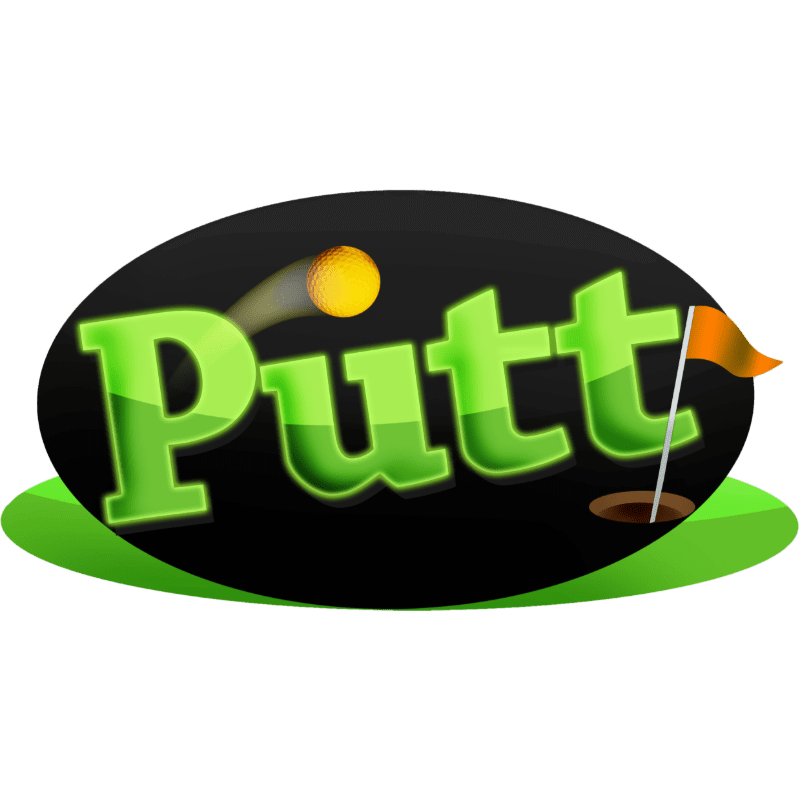 A golf ball flies towards a hole with a flag in the background, set against a glossy green oval with the word "Putt" in large, bright green letters.