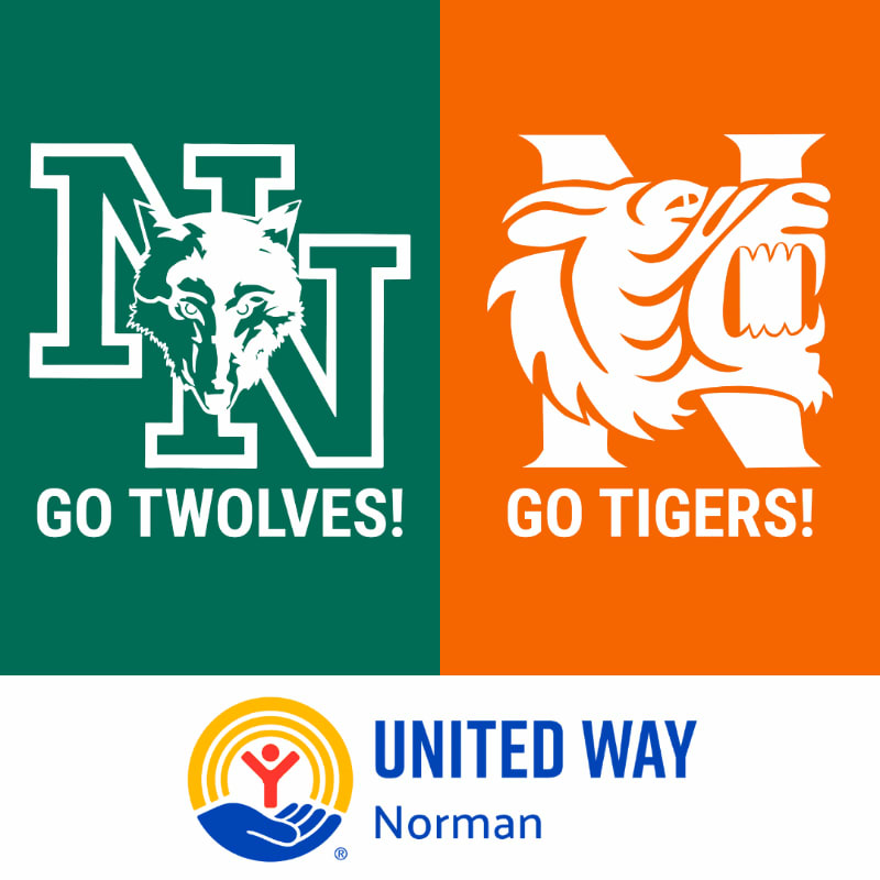 A split background features a white wolf over a green "N" with "GO TWELVES!" below it on the left, and a white tiger over an orange "N" with "GO TIGERS!" below it on the right, with the United Way Norman logo centered at the bottom.