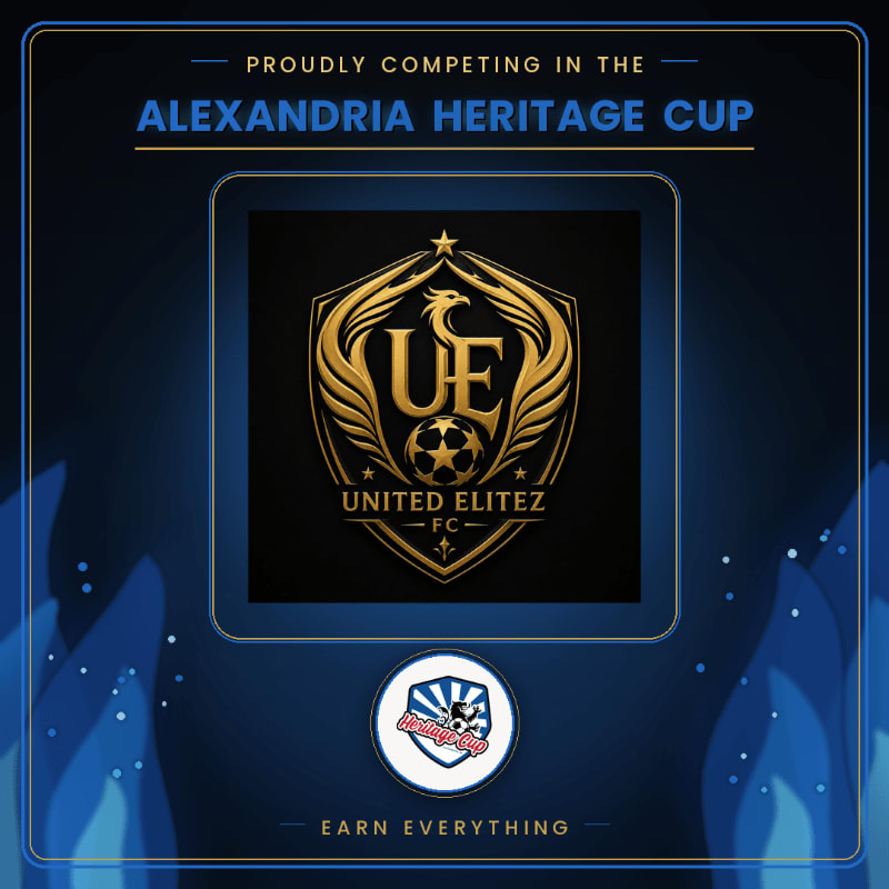 A golden phoenix crest with "UE UNITED ELITEZ FC" is centered on a dark background, framed by blue flames and text announcing participation in the Alexandria Heritage Cup, with a smaller circular logo below.