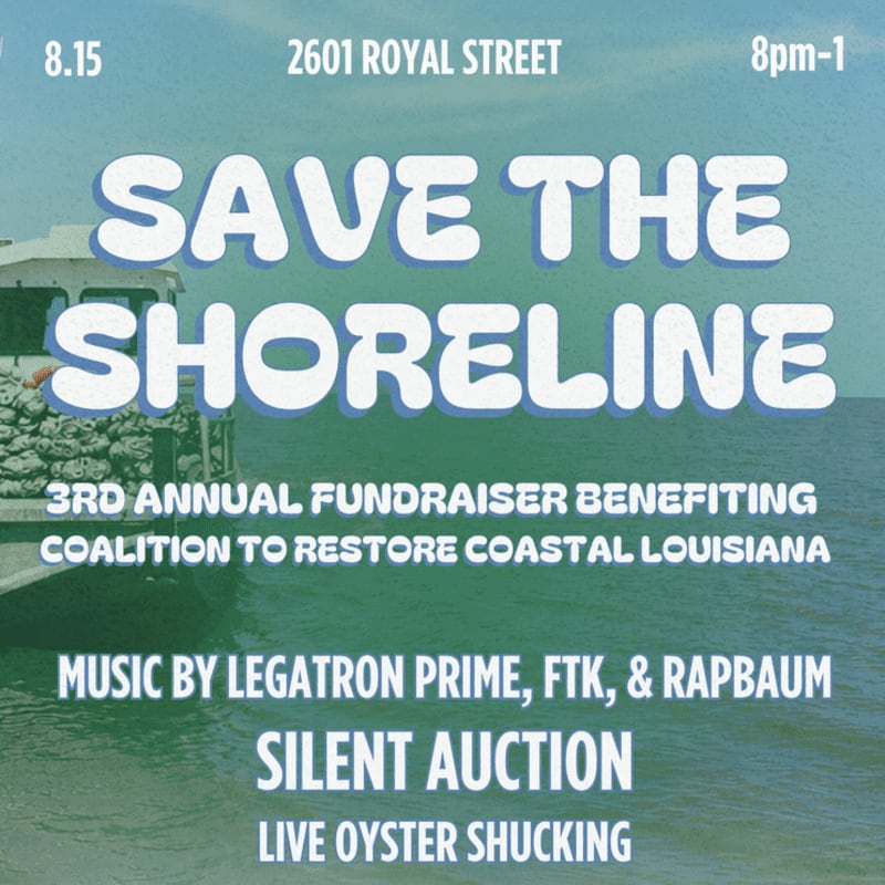 A fundraiser poster for "Save the Shoreline" features a boat in the foreground and a hazy sky and water in the background.